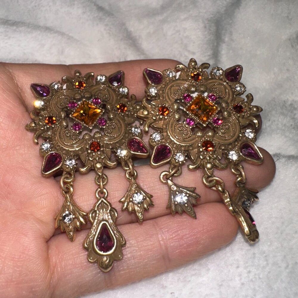 Vintage Gold Ornate Statement Dangle Earrings with Purple & Amber Crystals